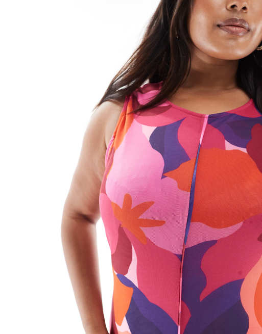 Vero Moda Curve sleeveless seam front mesh dress in bold abstract painted print