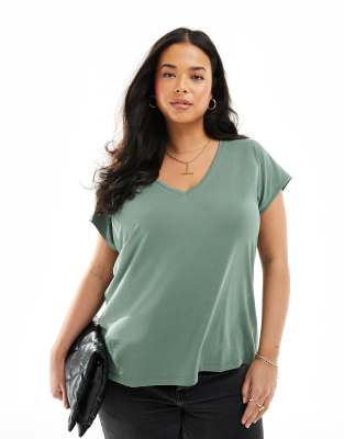Vero Moda Curve Vero Moda Curve slinky v neck t-shirt in khaki-Green