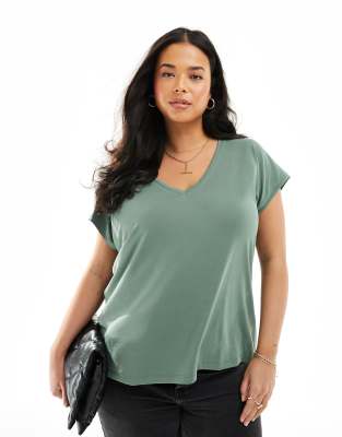 Vero Moda Curve Slinky V Neck T-shirt In Khaki-green