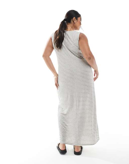 Vero Moda Curve slubby maxi tank dress in oatmeal and white stripes, 2 of 4
