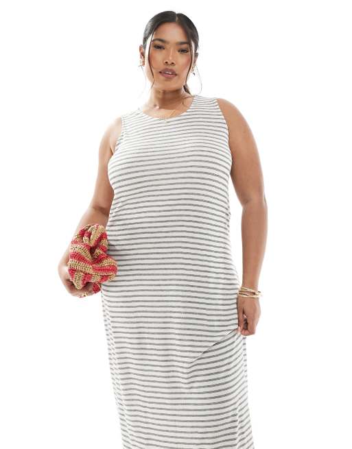Vero Moda Curve slubby maxi tank dress in oatmeal and white stripes, 3 of 4