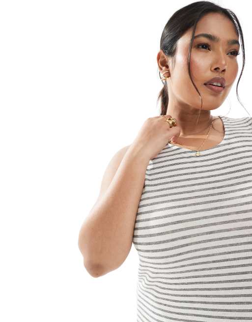 Vero Moda Curve slubby maxi tank dress in oatmeal and white stripes, 4 of 4