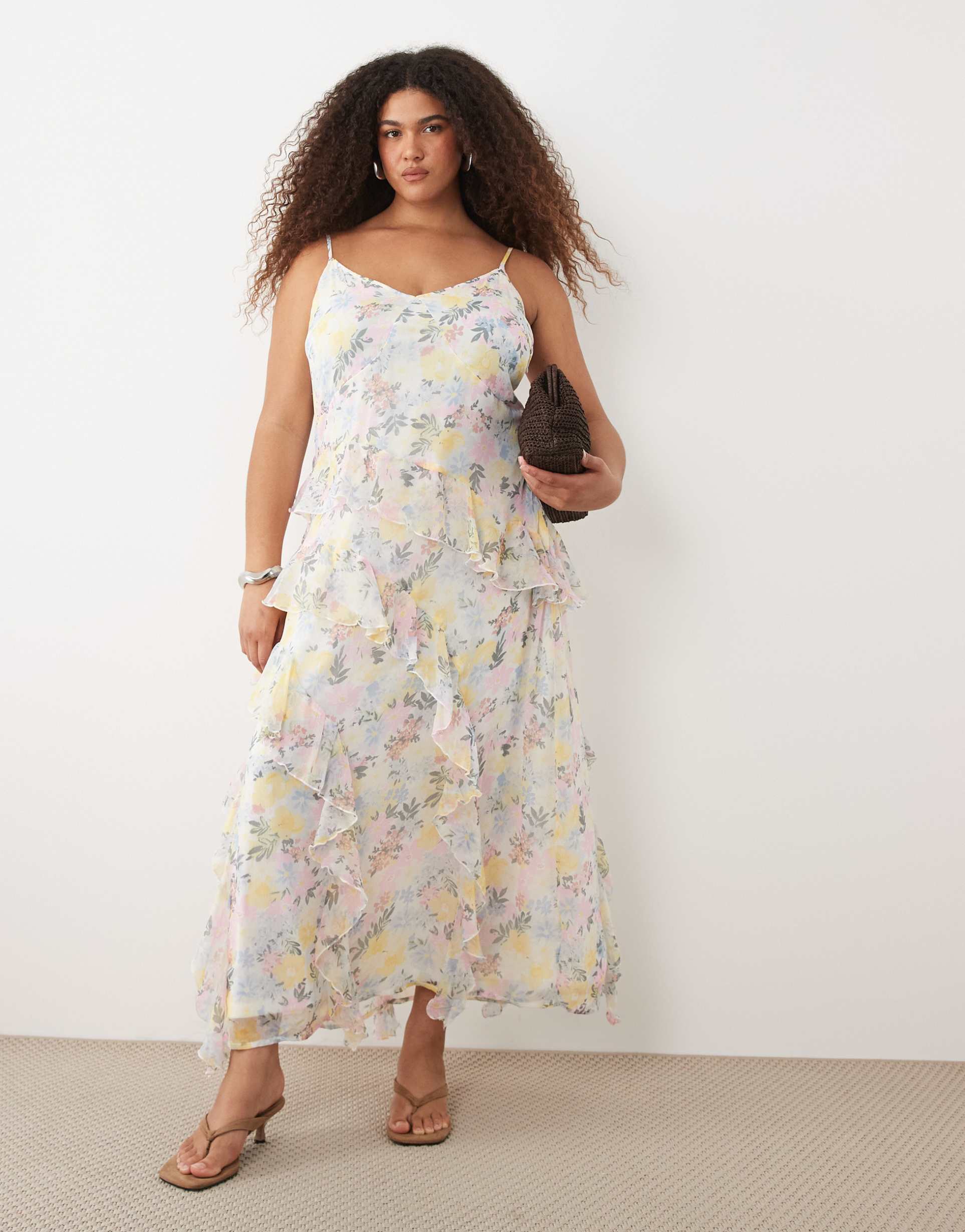 vero moda curve smilla chiffon cami ruffle detail midi dress in pretty pink and yellow floral print