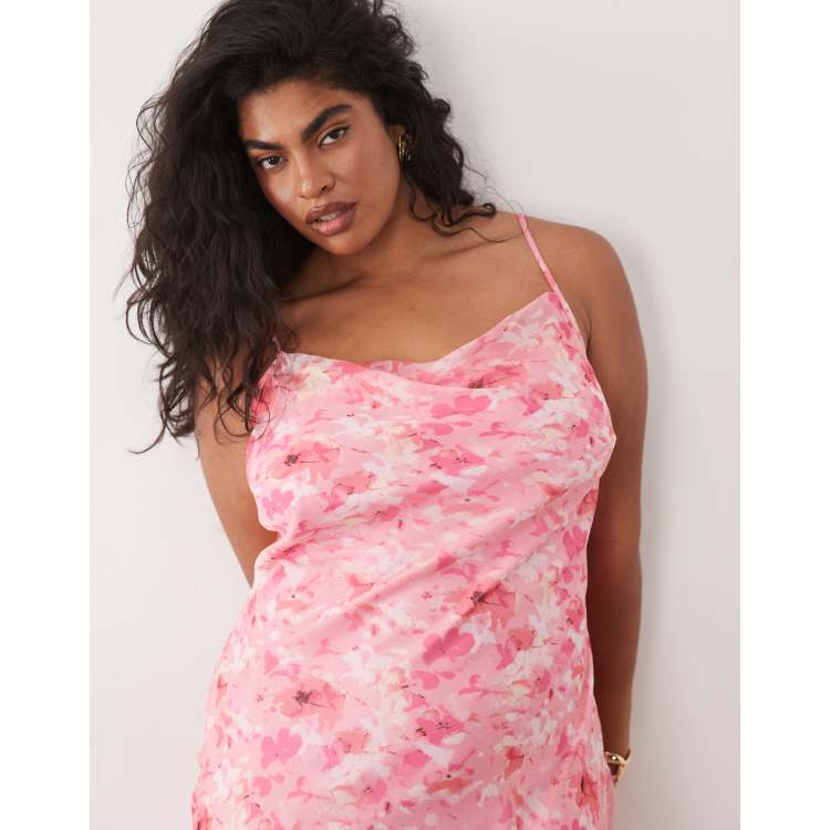 Vero Moda Curve Smilla chiffon cowl neck cami midi dress in tonal pink floral print