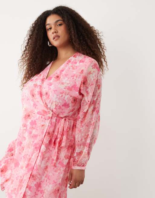 Vero Moda Curve Smilla chiffon long sleeve wrap front mini dress in tonal pink floral print, 2 of 4