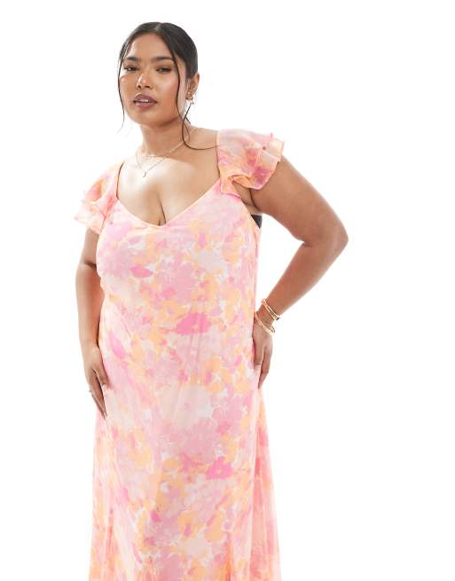 Vero Moda Curve Smilla flutter sleeve ankle dress in pink blurred floral print