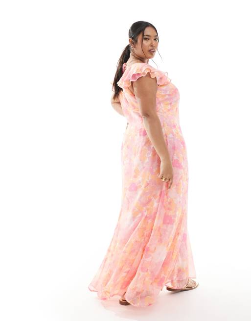 Vero Moda Curve Smilla flutter sleeve ankle dress in pink blurred floral print