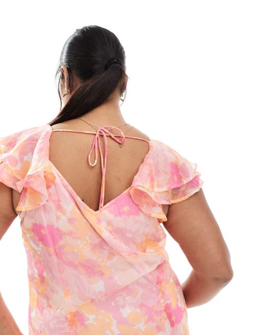 Vero Moda Curve Smilla flutter sleeve ankle length dress in pink blurred floral print, 3 of 4
