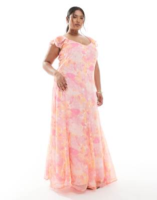 Smilla - Robe longueur cheville à imprimé fleuri flou et manches évasées - Rose 56