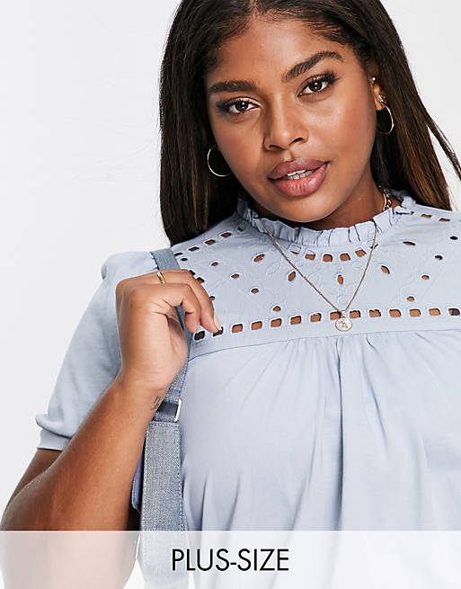 Vero Moda Curve smock blouse with broderie detail in blue