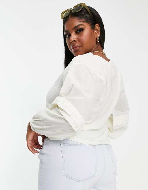 Vero Moda Curve smock blouse with tie front in cream broderie, 2 of 4