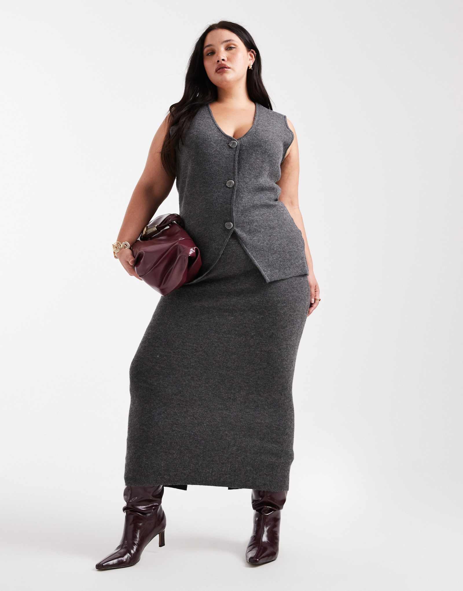 Юбка миди из мягкого трикотажа Vero Moda Curve серого меланжевого цвета - часть комплекта