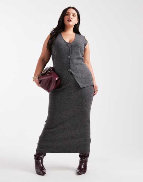 Vero Moda Curve soft knit vest and midi skirt set in gray melange - view 1