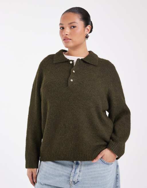Vero Moda Curve soft knitted polo neck jumper in dark green melange, 2 of 4