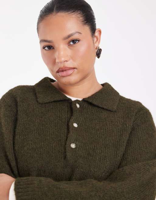 Vero Moda Curve soft knitted polo neck jumper in dark green melange, 3 of 4