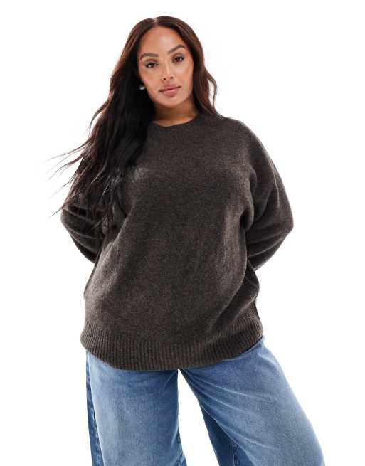 Vero Moda Curve soft o-neck oversized sweater in heathered chocolate