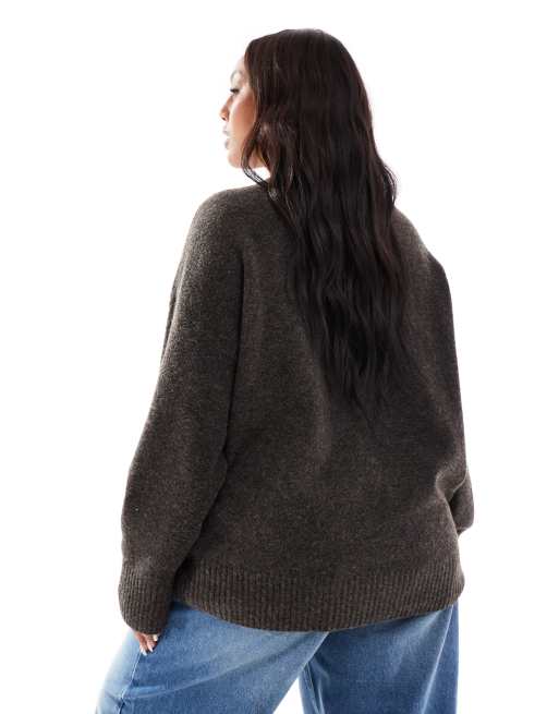 Vero Moda Curve soft o-neck oversized sweater in heathered chocolate