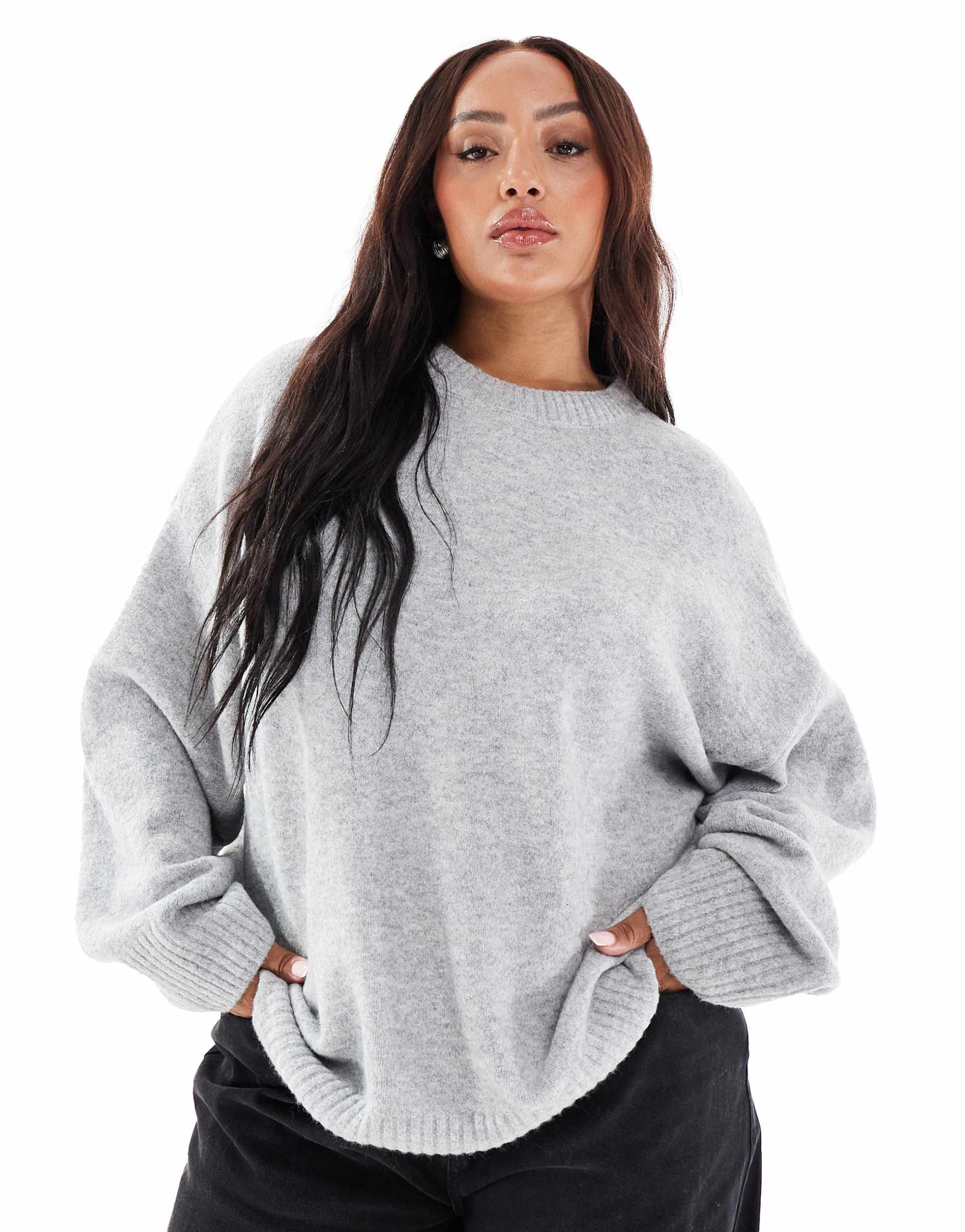 vero moda curve soft o-neck oversized sweater in light heather gray