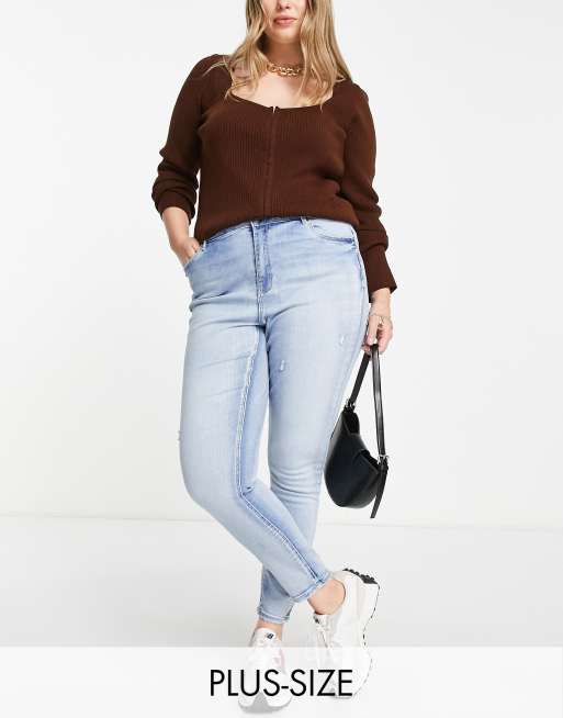 Vero Curve distressed skinny jeans in light blue | ASOS