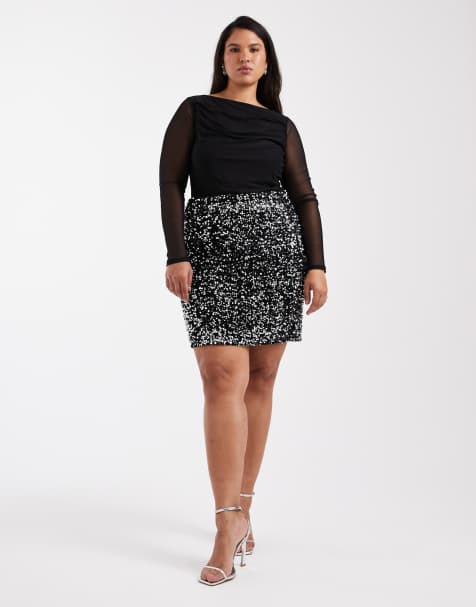 Vero Moda Curve - Sort og sølvfarvet mininederdel med tekstur og pailletter - view 1