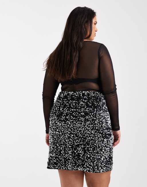 Vero Moda Curve - Sort og sølvfarvet mininederdel med tekstur og pailletter, 3 af 5