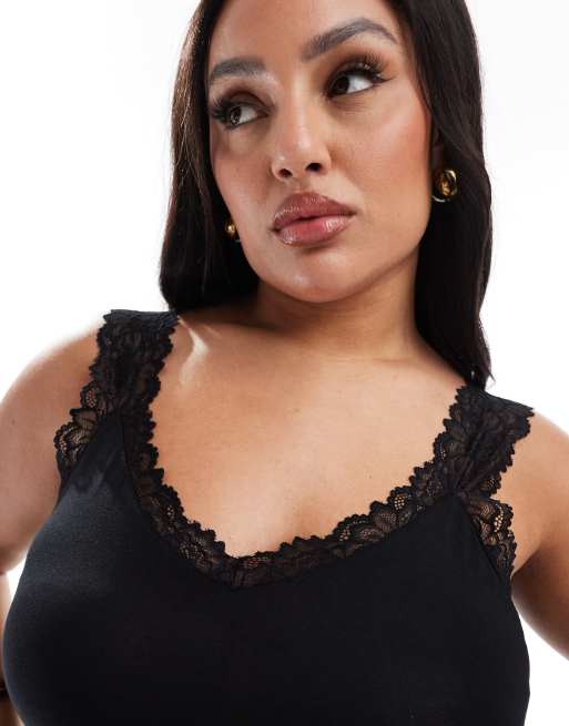 Vero Moda Curve - Sort tanktop i jersey med blondekant, 3 af 4