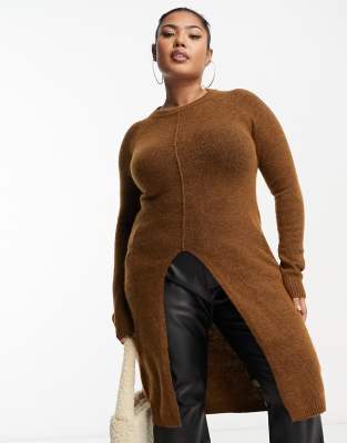 Vero Moda Curve split hem longline jumper in camel - ASOS Price Checker