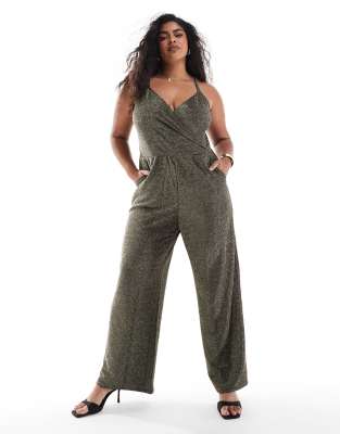 Vero Moda Curve Strappy Wide Leg Jumpsuit In Black And Gold Glitter