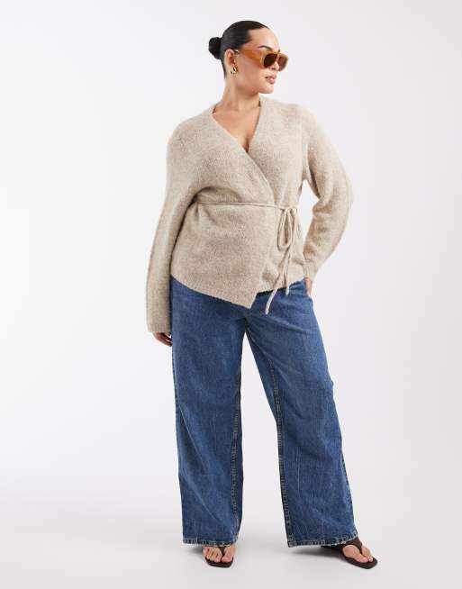 Vero Moda Curve strikket cardigan med bindebånd i taljen i sølvgrå melange, 2 af 4