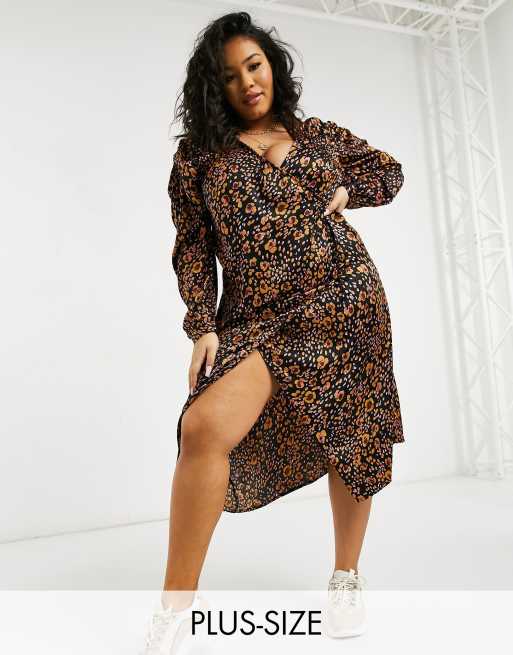 Vero Moda Curve – Sukienka kopertowa midi w kwiatowy wzór z bufiastymi rękawami