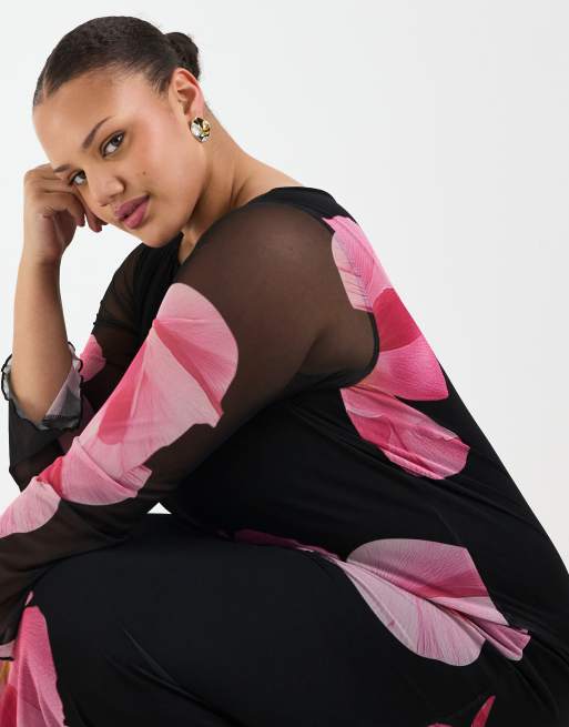 Vero Moda Curve – Svart maxiklänning i mesh med långa ärmar och stora blommor, 2 av 4