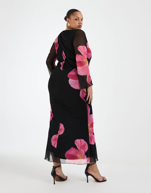 Vero Moda Curve – Svart maxiklänning i mesh med långa ärmar och stora blommor, 3 av 4