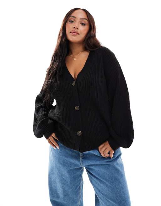 Vero Moda Curve – Svart, ribbad, grovstickad kofta med knappar