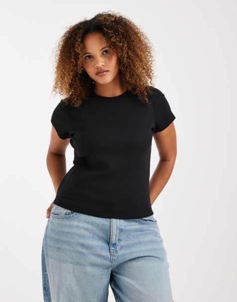 Vero Moda Curve – Svart, ribbad t-shirt med rund halsringning - view 1