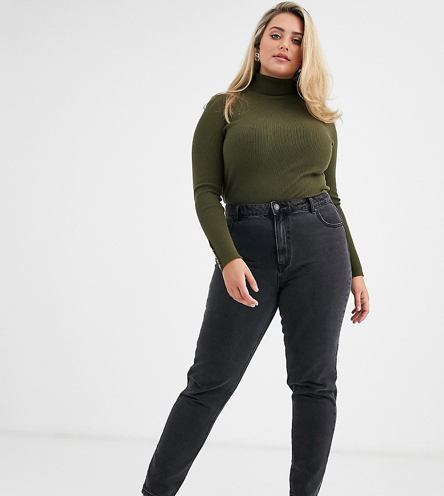 Vero Moda Curve – Svarta tvättade mom jeans med hög midja