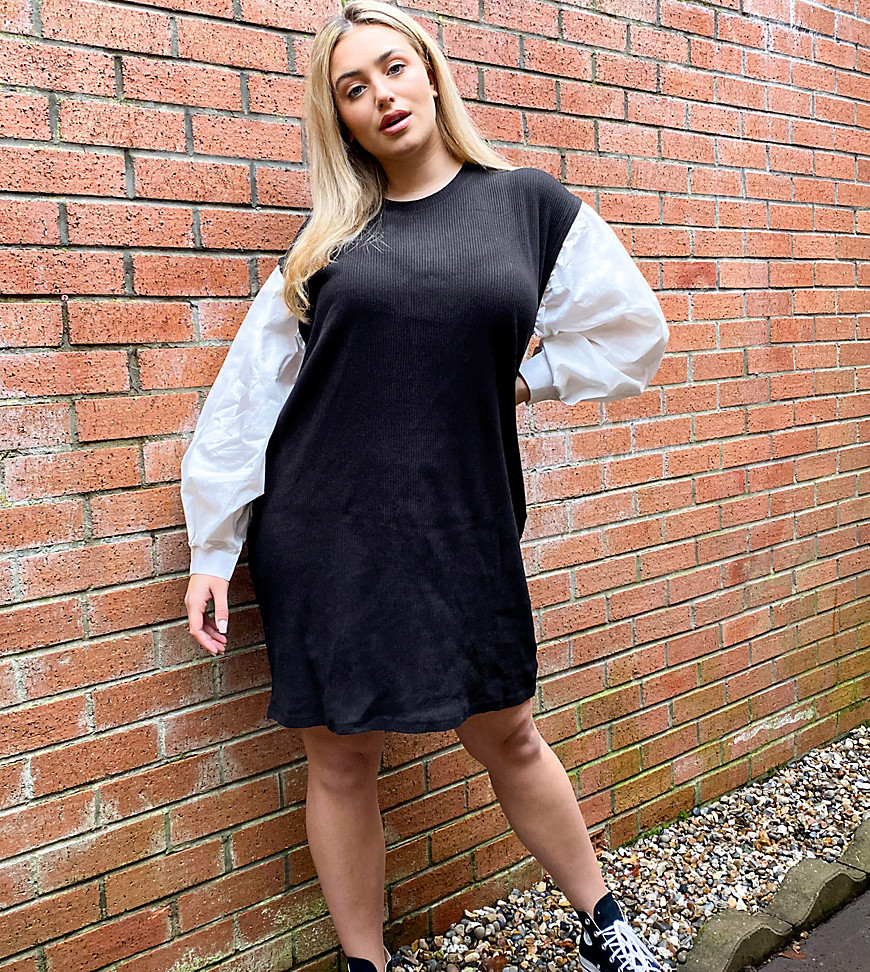 Vero Moda Curve sweater-jurk met mouwen van popeline in zwart-Multi