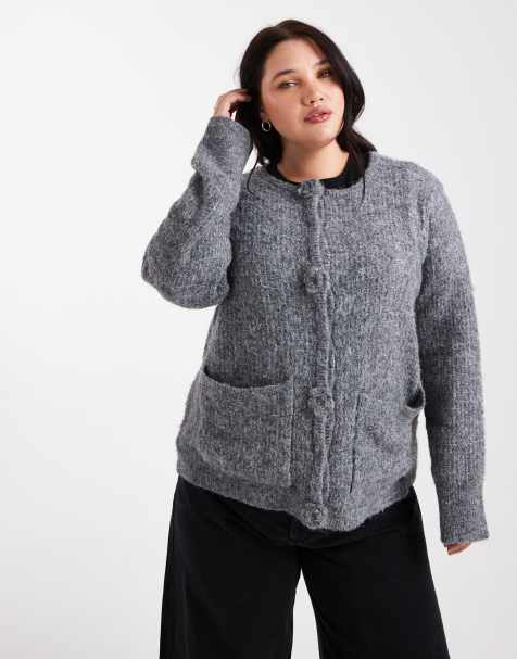Vero Moda Curve knitted cardigan with rose applique buttons in grey