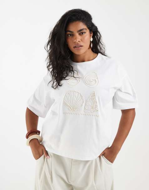 Vero Moda Curve - T-shirt à manches courtes avec franges ornées de coquillages - Blanc - view 1
