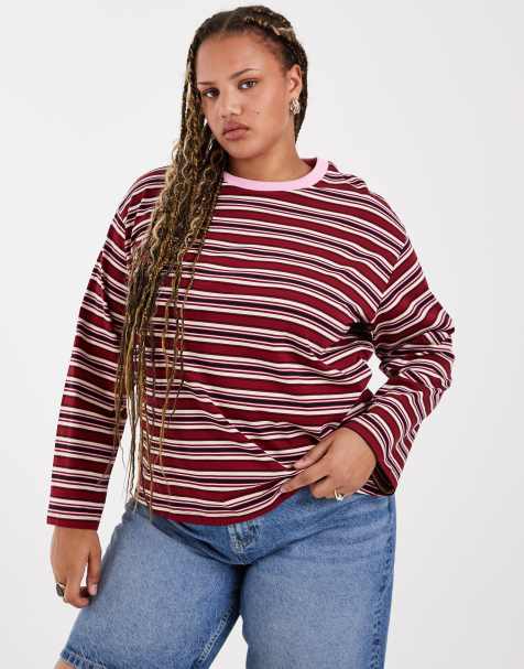 Vero Moda Curve - T-shirt a maniche lunghe oversize in cotone rosa e rosso a righe - view 1
