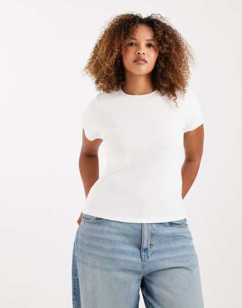 Vero Moda Curve - T-shirt bianca a coste con scollo rotondo - view 1