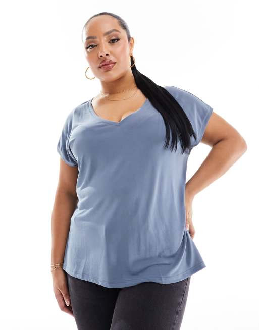 Vero Moda Curve - T-shirt met V-hals van gladde stof in petrolblauw