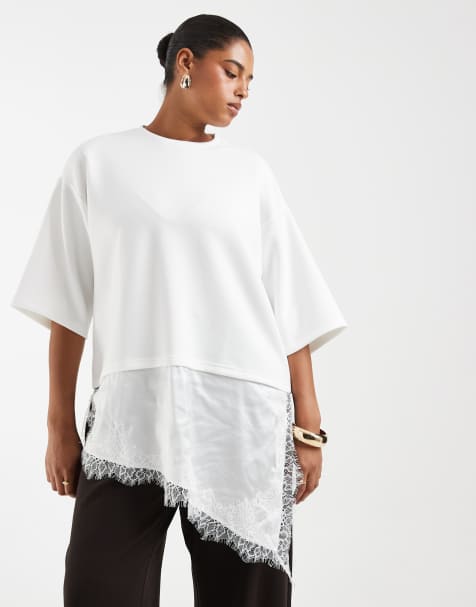 Vero Moda Curve T-shirt oversize asimmetrica con bordo in pizzo bianca - view 1