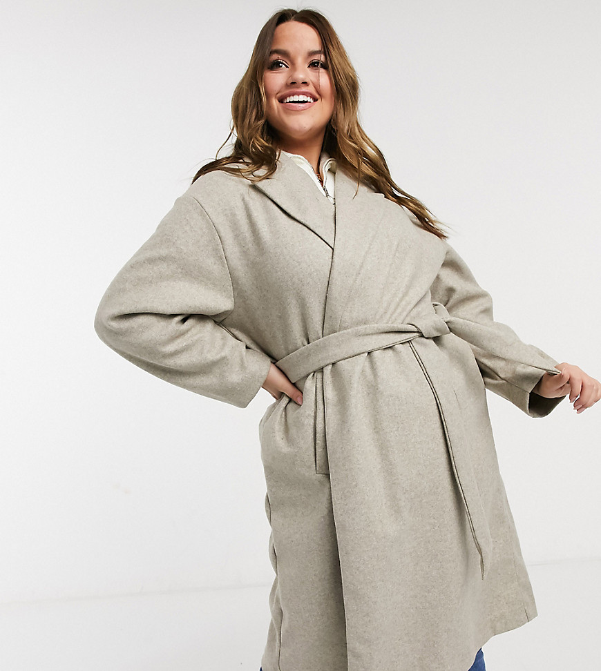 Vero Moda Curve tailored coat with belted waist in oatmeal-Neutral