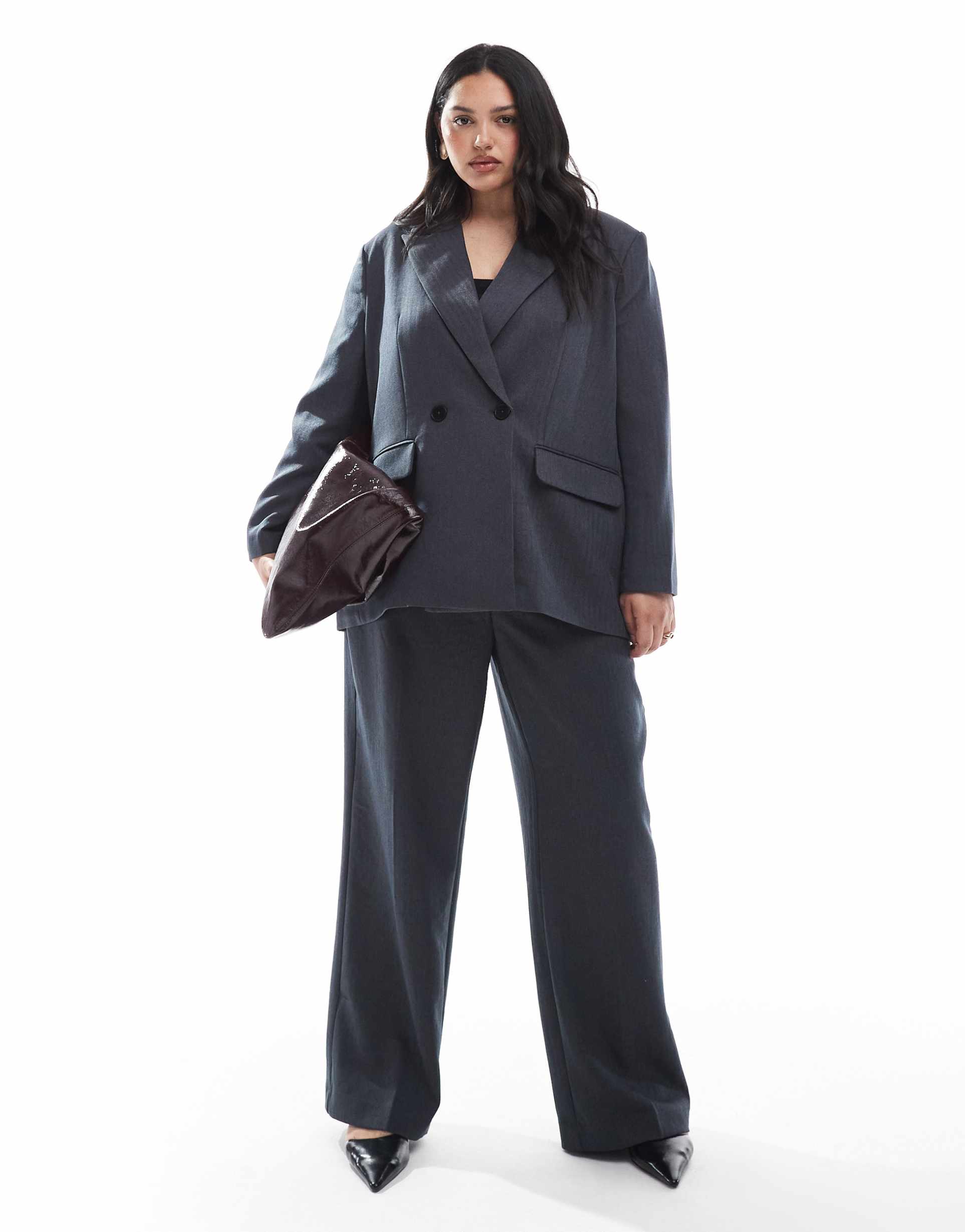 vero moda curve tailored herringbone wide leg pants in dark gray melange - part of a set