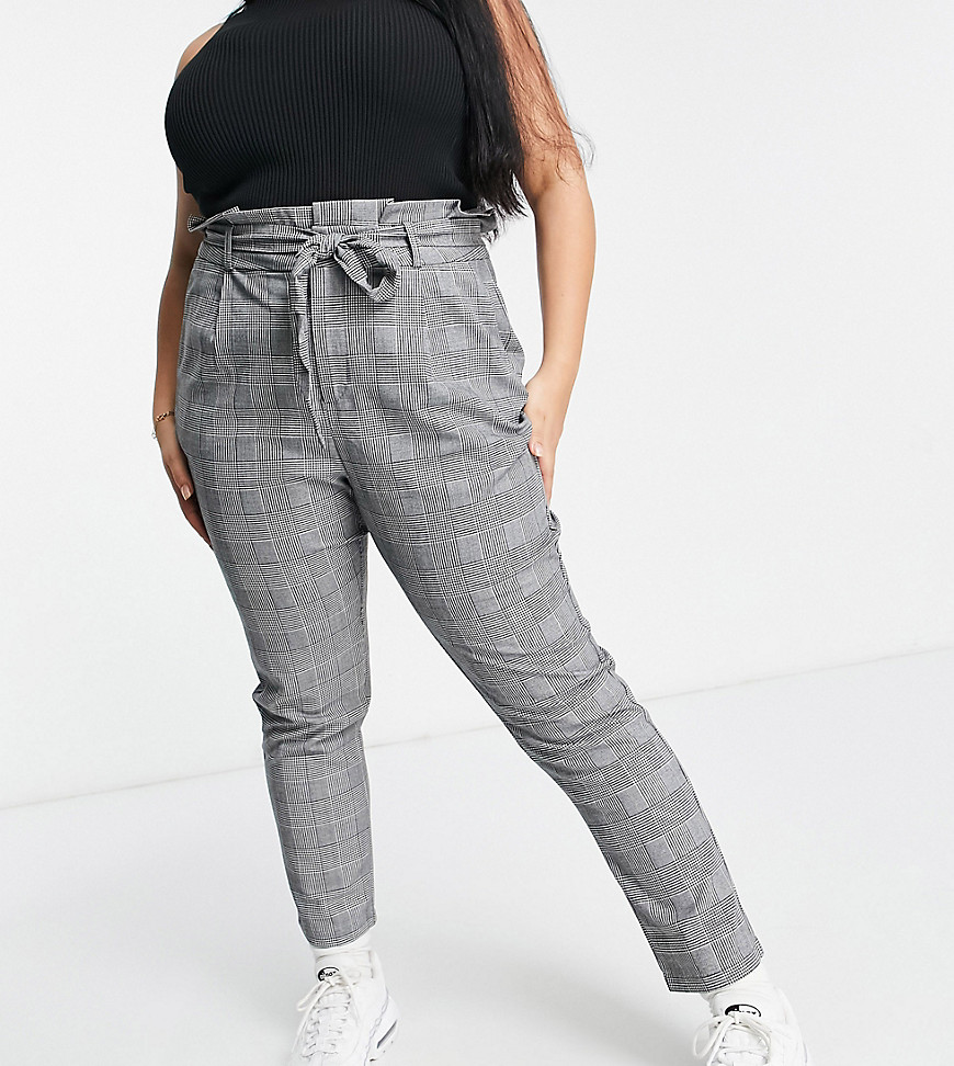 Vero Moda Curve tailored pants with paperbag waist in gray check-Multi