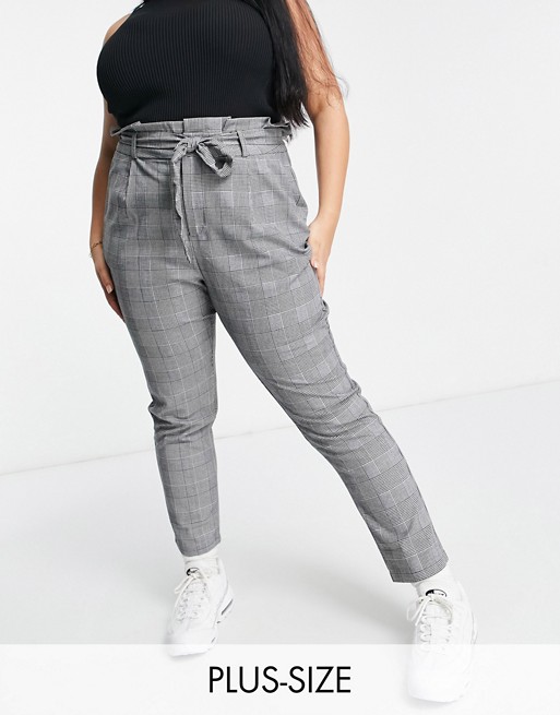 Vero Moda Curve tailored trousers with paperbag waist in grey check