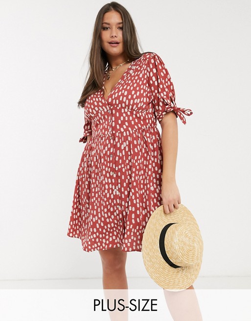 Vero Moda Curve tea dress with puff sleeve in red smudge print