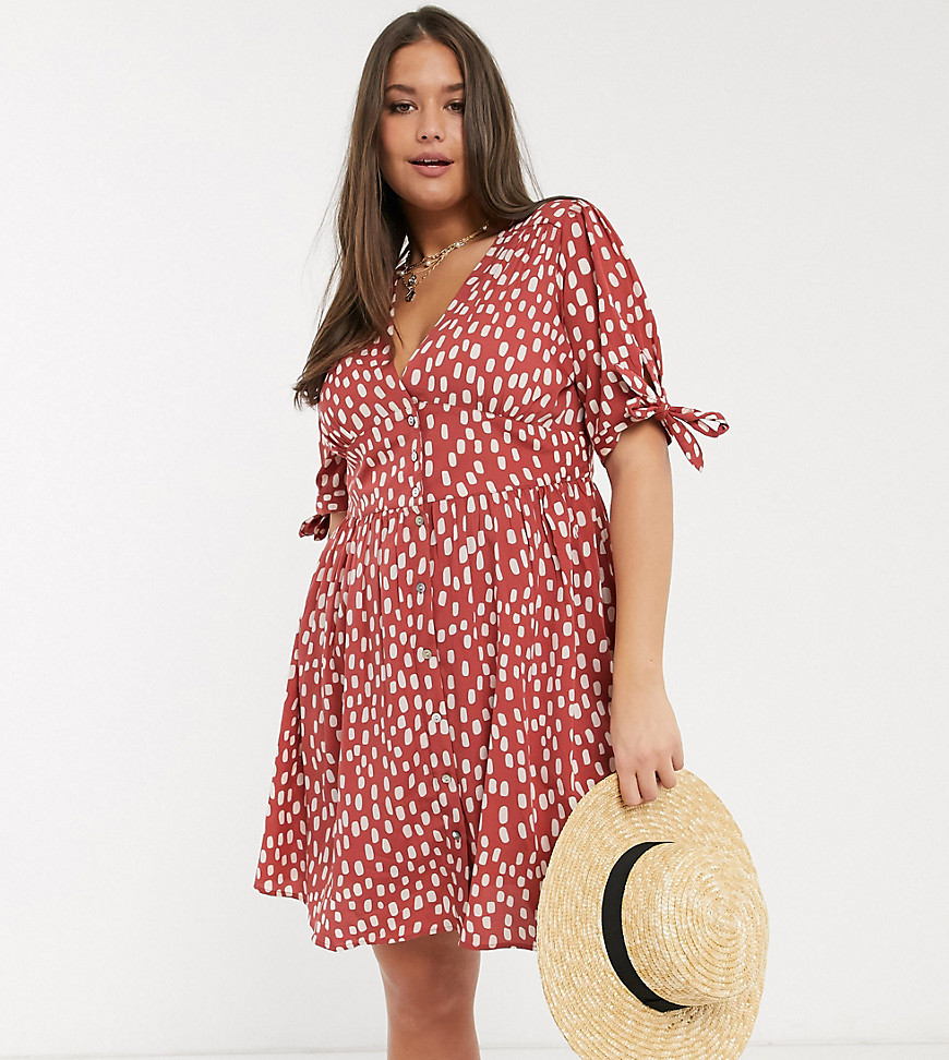 Vero Moda Curve tea dress with puff sleeve in red smudge print-Brown