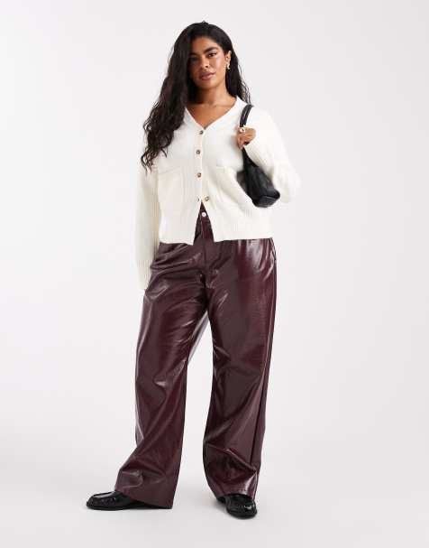 Vero Moda Curve Tessa high waist wide leg vinyl trouser in burgundy