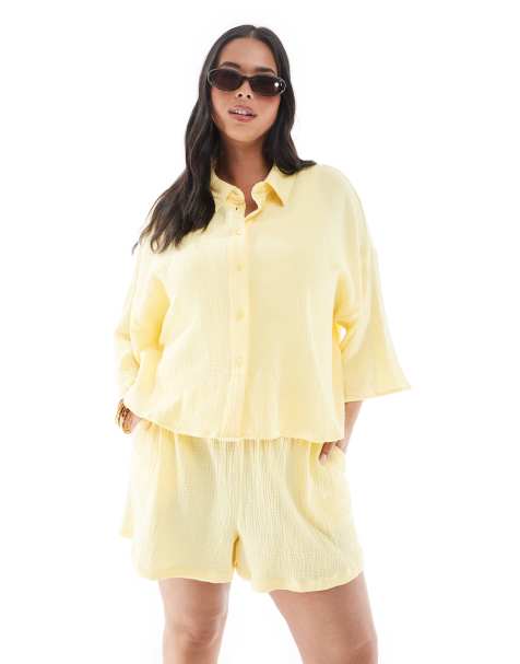 Vero Moda Curve textured cropped shirt co-ord in pale yellow - view 1